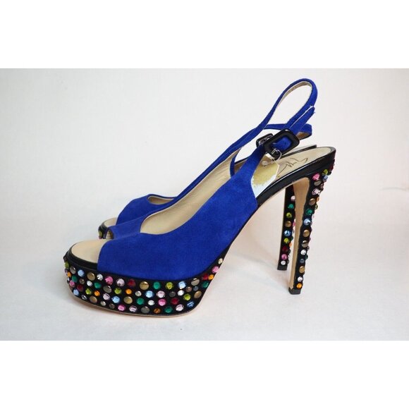 Giuseppe Zanotti Design Blue Suede Peep Toe Bejeweled Platform Heels, Size 9 US - Picture 4 of 14